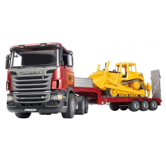 Camion Scania R cu remorcă și buldozer CAT - Bruder 3555