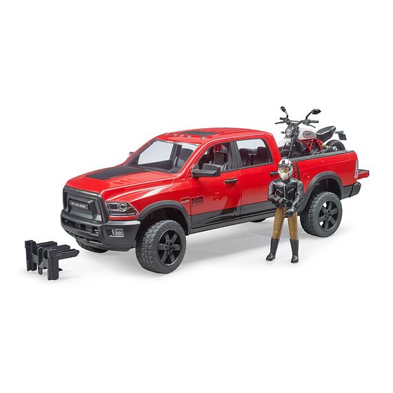 Mașină off road RAM, motocicletă Scrambler Ducati Desert Sled, cu figurină - Bruder 2502 