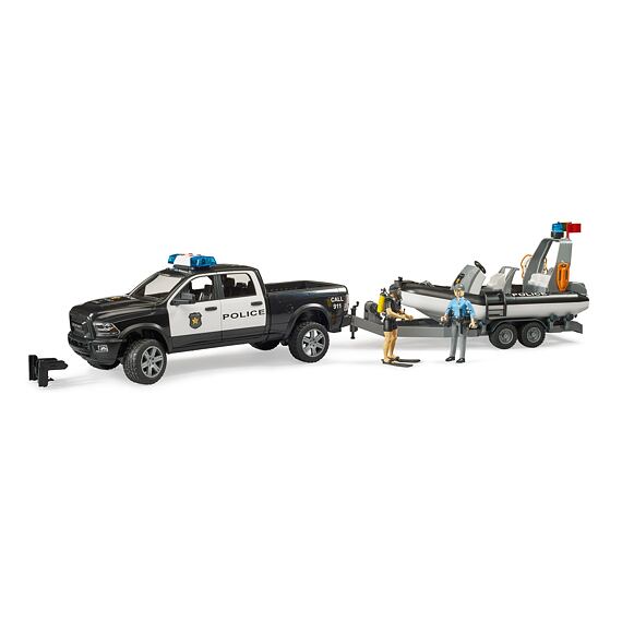 Poliția RAM 2500 cu remorcă, barcă și modul de iluminare - Bruder 2507